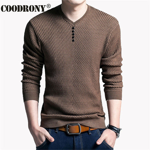 Sweater Men Casual V-Neck Pullover Slim Fit Long Sleeve Knitted Cashmere Wool - Coodrony